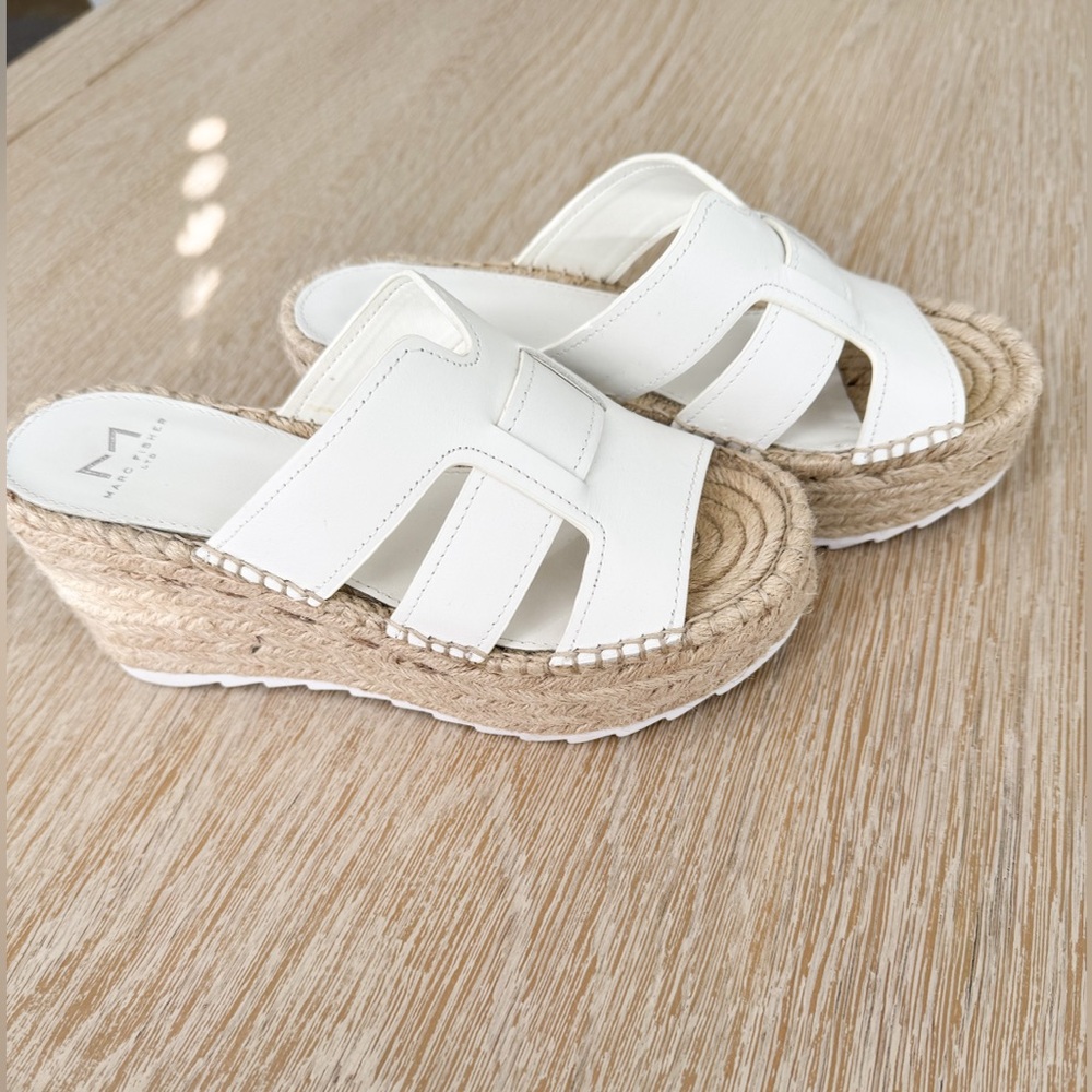 Marc Fisher White Leather Espadrille Platform Wedge Sandals